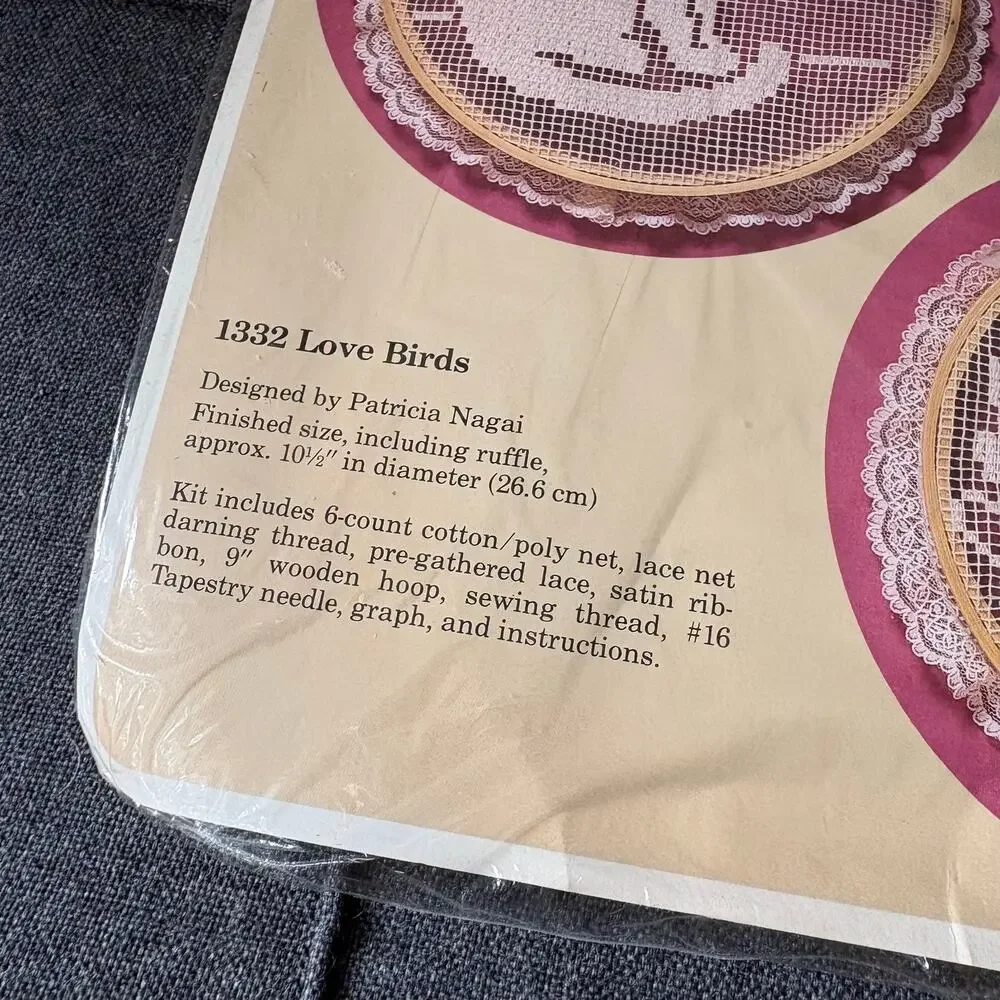 Love Birds Vintage Lace Net Darning Kit by The Creative Circle - 1988 With Hoop